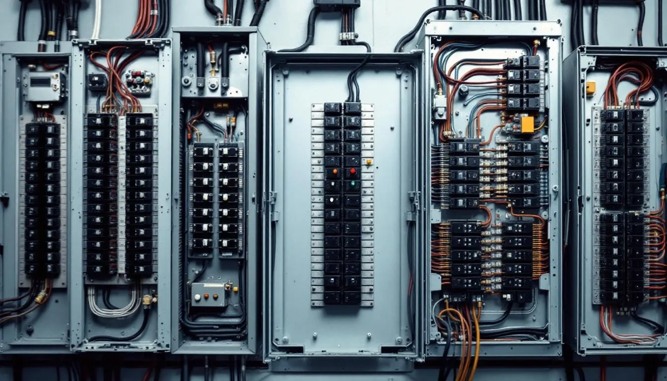 Different types of electrical panels including a circuit breaker panel.