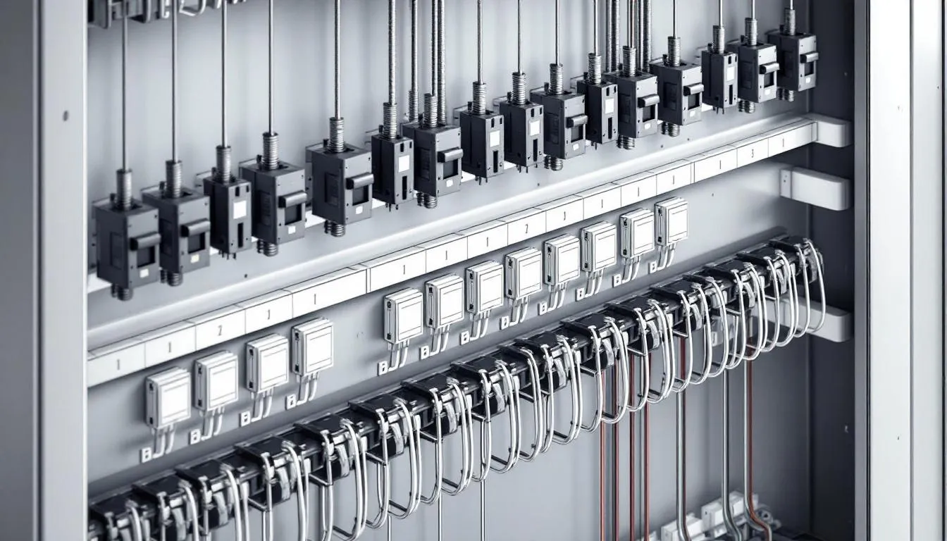 A close-up view of the main components of an electrical panel, including circuit breakers and bus bars.