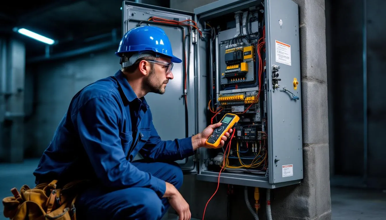 An electrician is inspecting a main electrical panel, carefully examining the circuit breakers and electrical components to ensure the electrical system is functioning properly. The scene highlights the importance of maintaining safety devices and managing power distribution within the home's electrical system.
