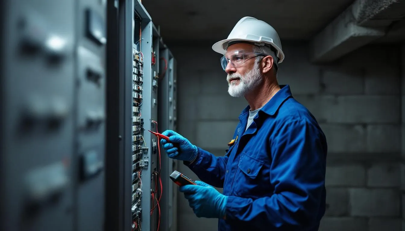 A professional electrician is inspecting an existing electrical panel, checking the circuit breakers and exposed wires for any signs of wear or damage. This detailed examination is essential for ensuring the safety and efficiency of the home's electrical system.