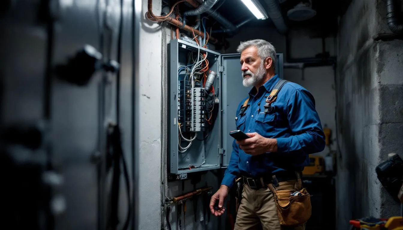 An electrician is inspecting a main electrical panel, carefully examining the circuit breakers and electrical components to ensure the electrical system is functioning properly. The scene highlights the importance of maintaining safety devices and managing power distribution within the home's electrical system.