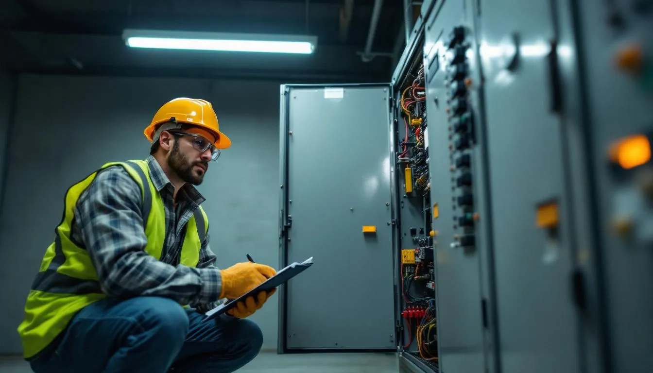 Two realistic electricians are inspecting an electrical panel, examining the circuit breakers and various electrical components within the panel. They are assessing the existing electrical panel for potential upgrades or repairs to ensure the safety and efficiency of the home's electrical system.