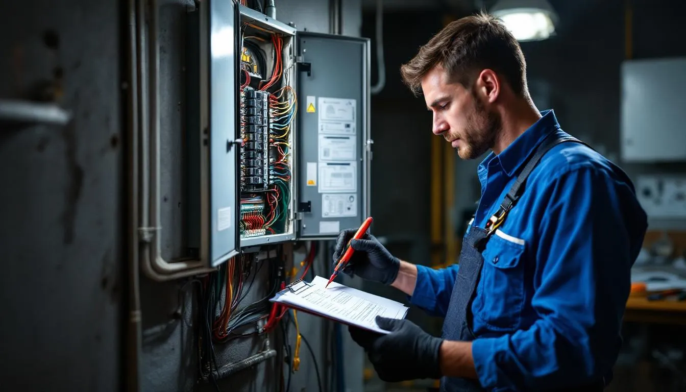 A realistic electrician is carefully inspecting an electrical panel, ensuring compliance with the national electrical code to prevent electrical hazards. The image emphasizes the importance of proper installation of circuit breakers and ground fault circuit interrupters for enhancing electrical safety and protecting against potential electrical fires and shocks.