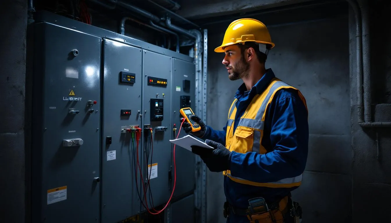 A professional electrician is inspecting an existing electrical panel, checking the circuit breakers and exposed wires for any signs of wear or damage. This detailed examination is essential for ensuring the safety and efficiency of the home's electrical system.
