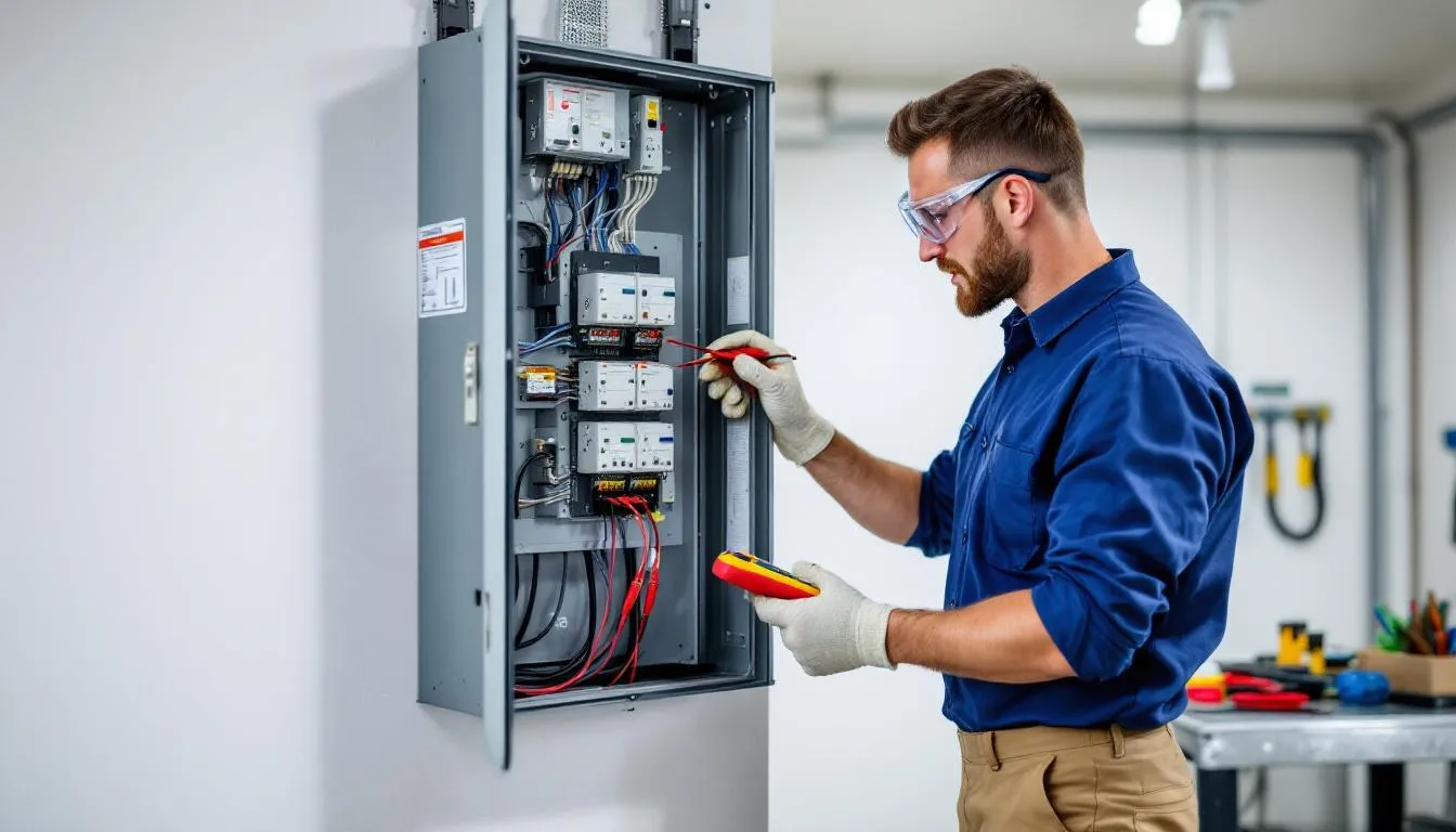 A realistic electrician is carefully inspecting an electrical panel, ensuring compliance with the national electrical code to prevent electrical hazards. The image emphasizes the importance of proper installation of circuit breakers and ground fault circuit interrupters for enhancing electrical safety and protecting against potential electrical fires and shocks.