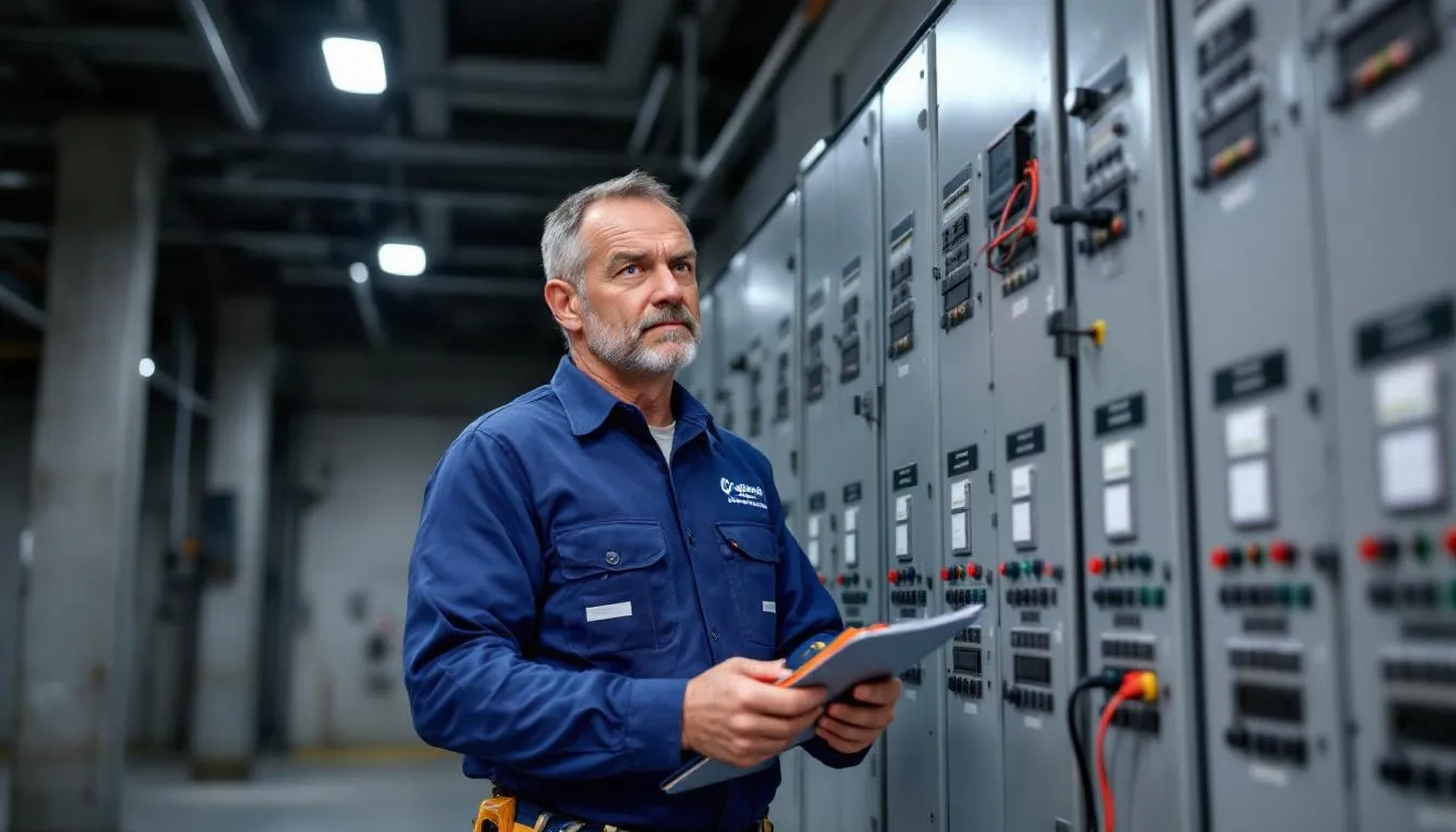 A realistic electrician is inspecting an electrical panel, ensuring compliance with the national electrical code and checking for potential electrical hazards. The scene highlights the importance of electrical safety, including the proper installation of circuit breakers and ground fault circuit interrupters to protect against electrical shock and fires.