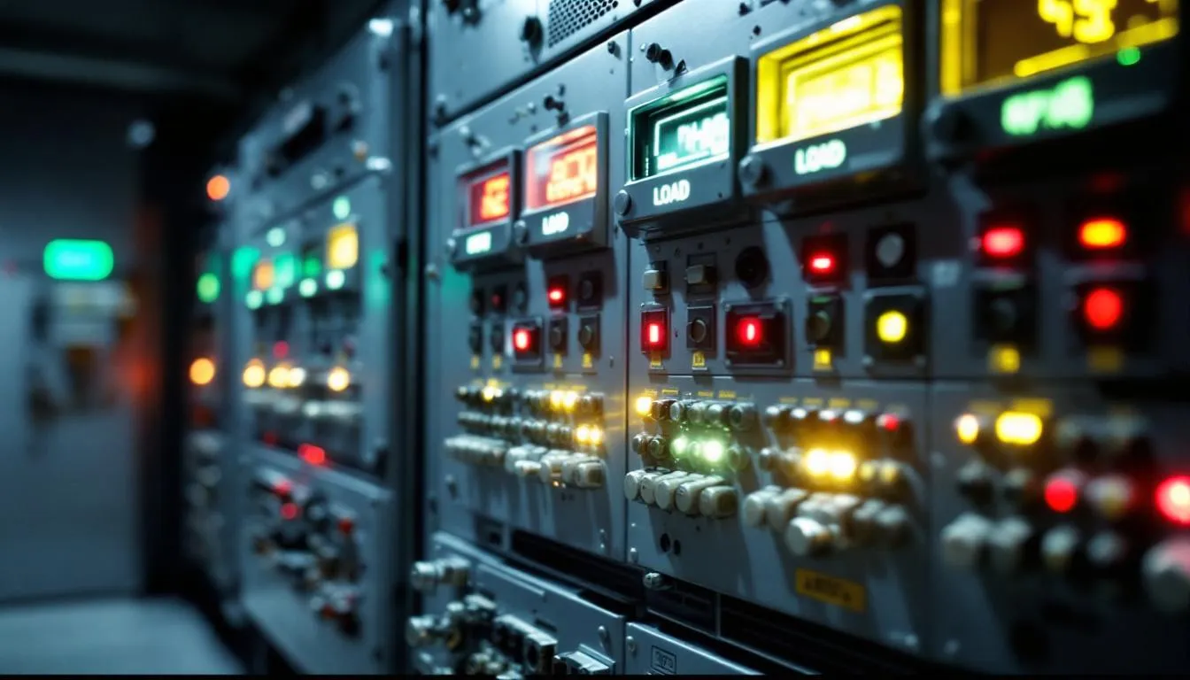 An electrical panel in action, showing circuit breakers and electrical load.
