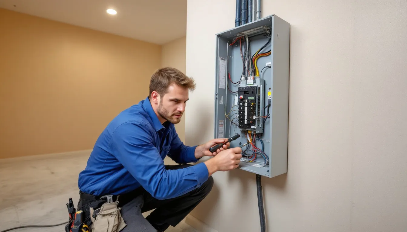 A professional electrician is installing a main breaker panel in a residential setting, carefully connecting incoming power cables to the main circuit breaker for effective distribution of electricity throughout the home’s electrical system. The installation emphasizes safety and code compliance, ensuring the main breaker panel meets the electrical load requirements of the house.