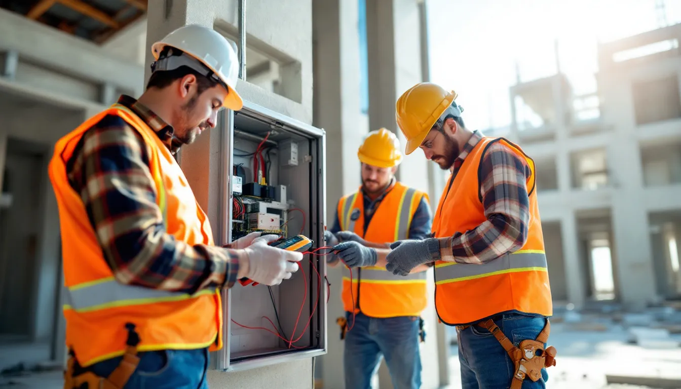 A team of electricians is working together to install and connect various electrical panels, including main breaker panels and sub panels, ensuring compliance with building codes and safety standards for the entire electrical system. They are focused on distributing power effectively while addressing the electrical load requirements of the building.