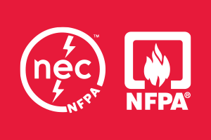 “Logos of the National Electrical Code (NEC) and National Fire Protection Association (NFPA), organizations that establish electrical safety standards to reduce fire risks in homes and businesses.”