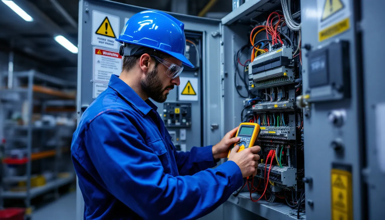 A tradesman electric technician is conducting a professional assessment of an electrical panel, focusing on the main breaker panel and its connections to the entire electrical system. The technician is ensuring code compliance and evaluating the overcurrent protection devices to meet the electrical load requirements of the building.