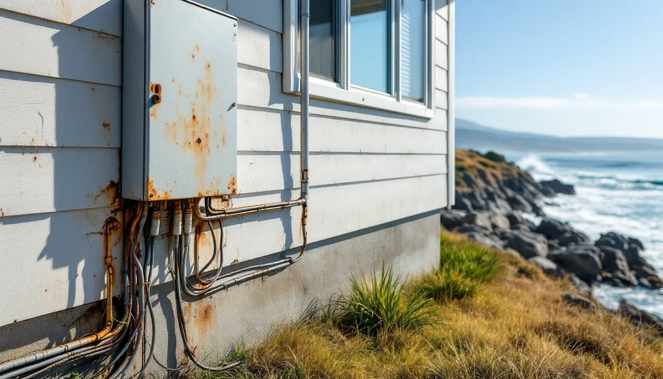 An Orange County residential home is depicted, showcasing the coastal environmental effects on its electrical systems, particularly highlighting signs of wear on the electrical panel and circuit breaker panel. The image emphasizes the need for electrical panel upgrades to handle modern electrical demands and prevent safety risks such as electrical fires and frequent circuit breaker trips.