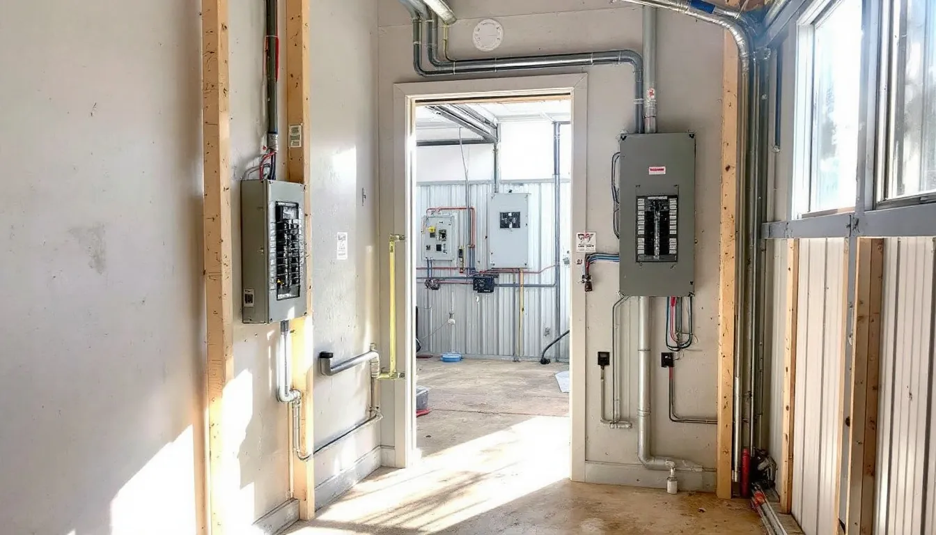 A detached garage features a main lug panel installation that is connected to the main house panel, allowing for the distribution of power and meeting the electrical system's load requirements. This setup includes incoming power cables and circuit breakers for overcurrent protection, ensuring safety and compliance with building codes.