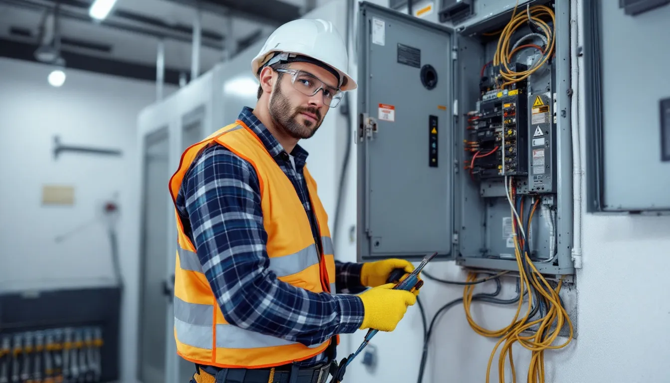 A professional electrician is seen installing a circuit breaker panel, wearing safety equipment to ensure protection while working on the home's electrical system. The image highlights the importance of proper installations to improve safety and reliability in managing electrical circuits.