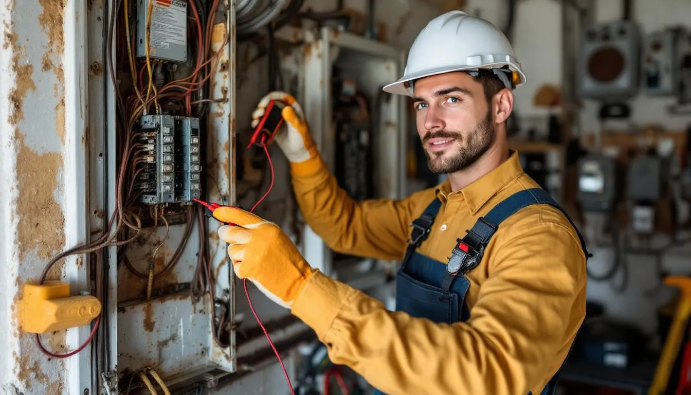 A licensed electrician is inspecting a home's electrical panel, focusing on outdated systems and ensuring it can handle modern electrical loads. This highlights the significance of maintaining updated electrical panels to prevent fire hazards and ensure safety in the home's electrical system.
