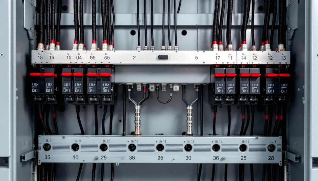 The image shows a detailed view of an electrical panel, highlighting the circuit breakers and bus bars inside. This breaker box contains various circuit breakers that control the electrical load for different circuits in a home’s electrical system, ensuring safe distribution of electrical power.