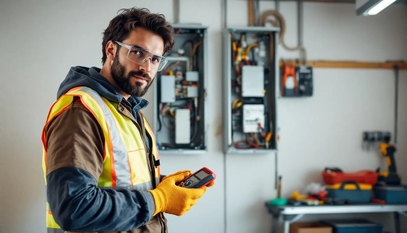 A licensed electrician is installing a new electrical panel, complete with safety equipment, as they work on upgrading the home's electrical system. The image captures the electrician carefully handling circuit breakers inside the breaker box, ensuring proper installation to prevent electrical issues and enhance safety.