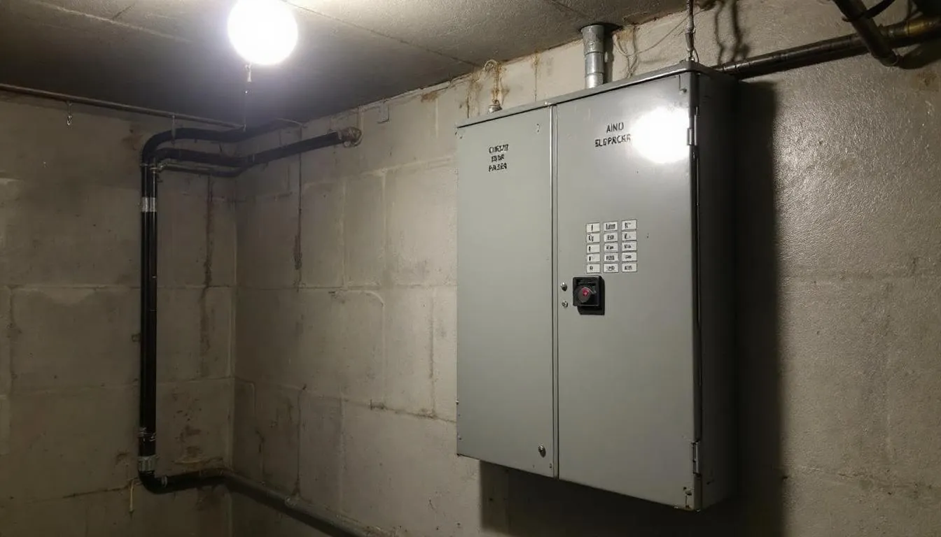 A gray metal electrical panel box is mounted on a basement wall, featuring several circuit breakers that control the electrical system of the home. This breaker box serves as a crucial component for managing electrical loads and ensuring safety by preventing overloading circuits.