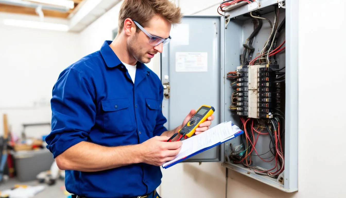 A licensed electrician is inspecting a home's electrical panel to assess its condition and ensure it meets the national electrical code for modern appliances and higher electrical demands. This image emphasizes the importance of regular electrical panel upgrades to prevent electrical fires and maintain safety in the home's electrical system.