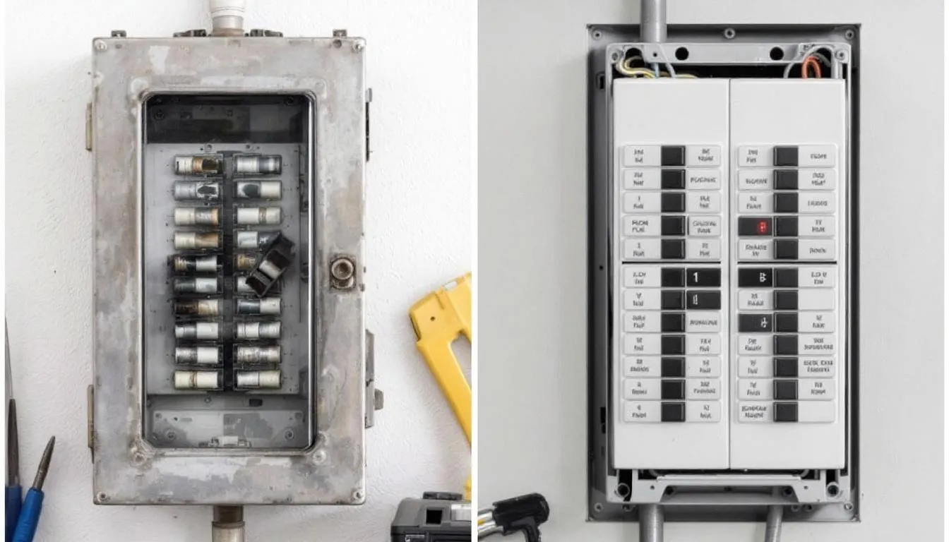 The image displays a side-by-side comparison of an old fuse box and a modern circuit breaker panel, illustrating the evolution of electrical panels. The older fuse box features screw-in fuses, while the contemporary circuit breaker panel showcases multiple circuit breakers, highlighting advancements in electrical safety and efficiency for homes.