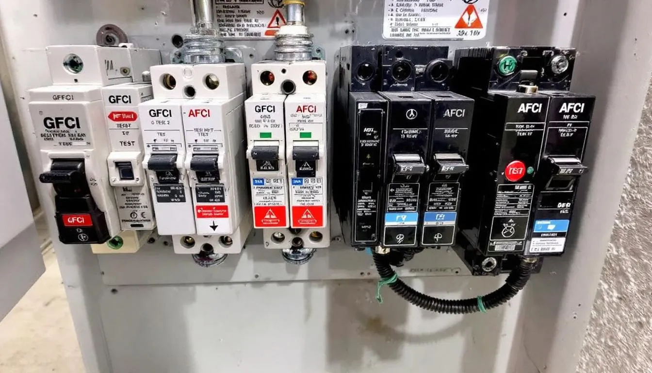 The image features a close-up view of various types of circuit breakers, including GFCI and AFCI models, showcasing their distinct designs within an electrical panel. These circuit breakers are essential components of a home's electrical system, providing safety and control for electrical power distribution.