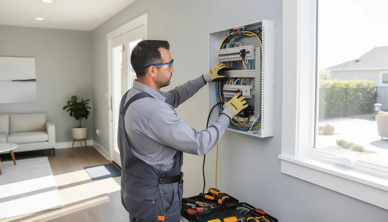 A licensed electrician is installing a new electrical panel in an Orange County home, ensuring proper grounding and compliance with local building codes. This electrical panel upgrade aims to enhance the home's electrical system, improving safety and reducing the risk of electrical fires.