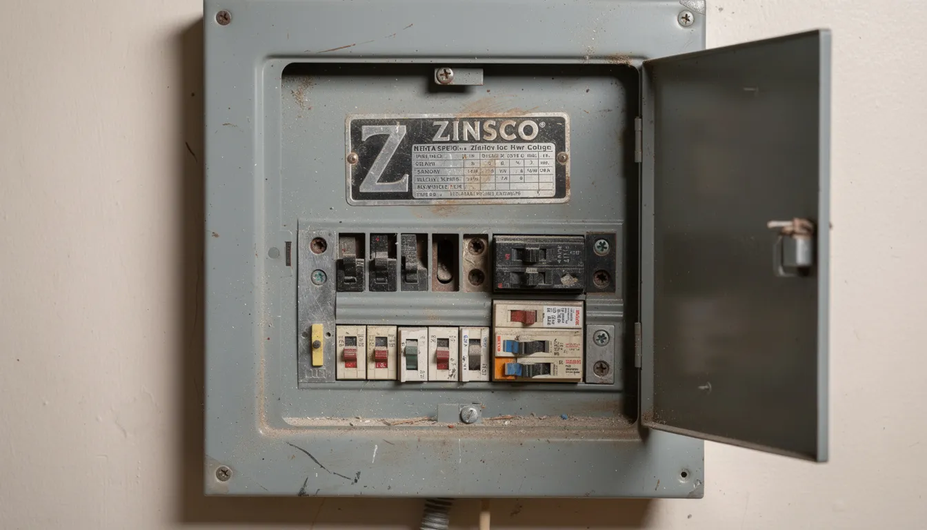 This close-up image features a Zinsco electrical panel, prominently displaying the brand nameplate along with its circuit breakers. It highlights the importance of proper electrical work, whether through DIY projects or hiring a professional electrician, to ensure the safety and efficiency of a home's electrical system.
