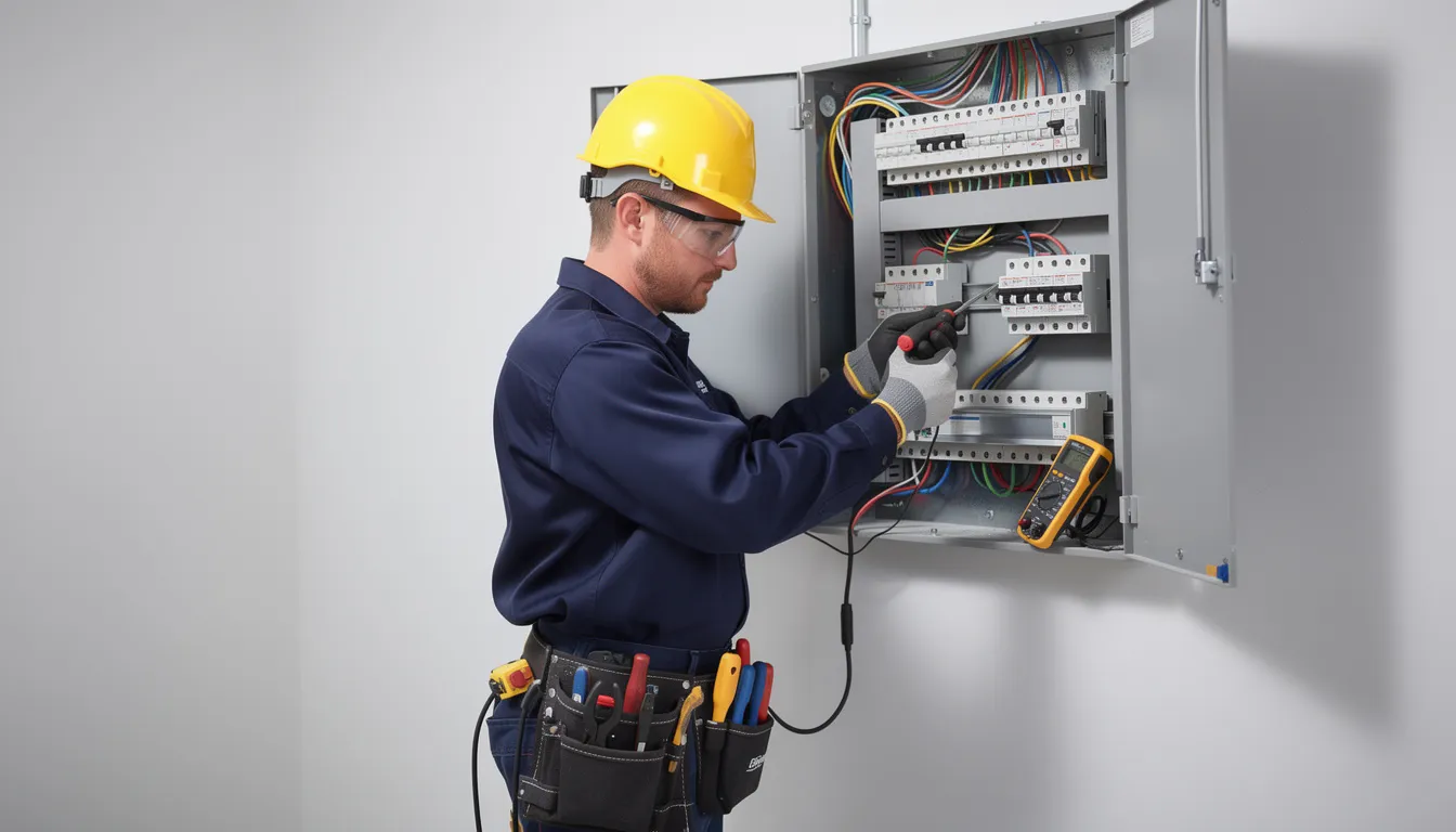 A professional electrician is installing a modern electrical panel, equipped with proper tools and safety gear, ensuring the reliability and efficiency of the home's electrical system. This installation highlights the importance of hiring licensed professionals for complex electrical jobs to avoid potential dangers and costly mistakes.