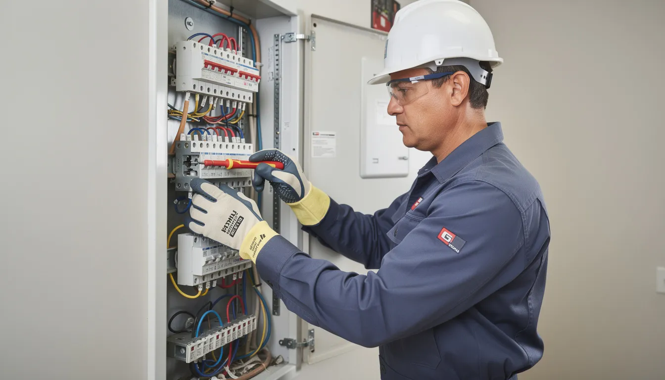 A licensed electrician is safely working on an electrical panel, equipped with proper safety gear, while performing an electrical panel upgrade to ensure the home's electrical system meets current safety standards. This professional is focused on replacing circuit breakers and enhancing the overall safety of the electrical service to prevent potential fire hazards.