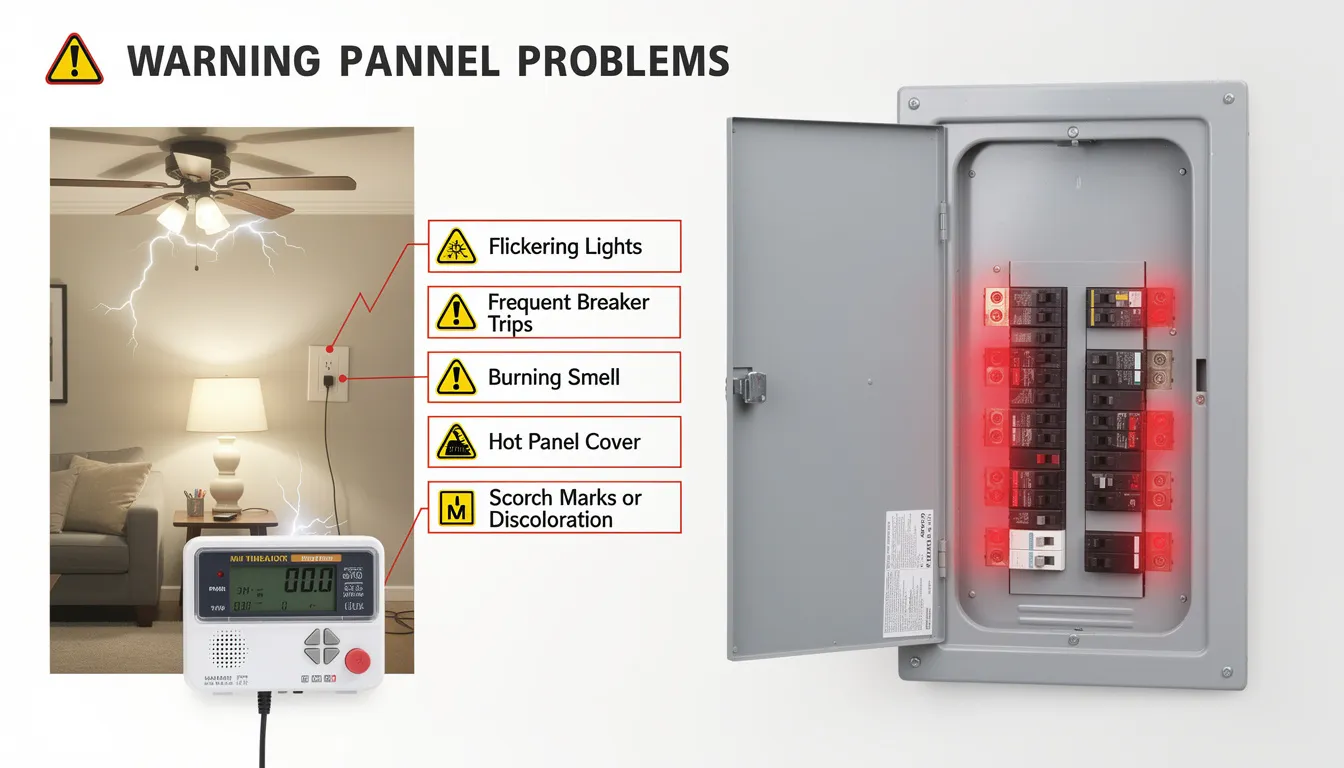 The image depicts warning signs of electrical panel problems, showcasing flickering lights and circuit breakers frequently tripping, which can indicate issues with the home's electrical system. These signs may suggest the need for an electrical panel upgrade or replacement to prevent potential fire hazards and ensure safety.