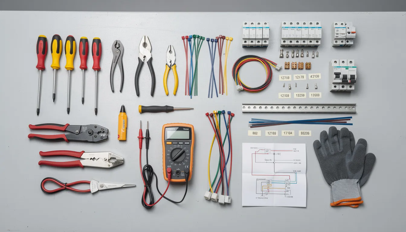 The image shows a variety of electrical tools and equipment neatly arranged for a professional electrical panel installation, including circuit breakers and wiring supplies. This setup is essential for ensuring quality work and safety during an electrical panel upgrade in homes, particularly older ones facing electrical issues.