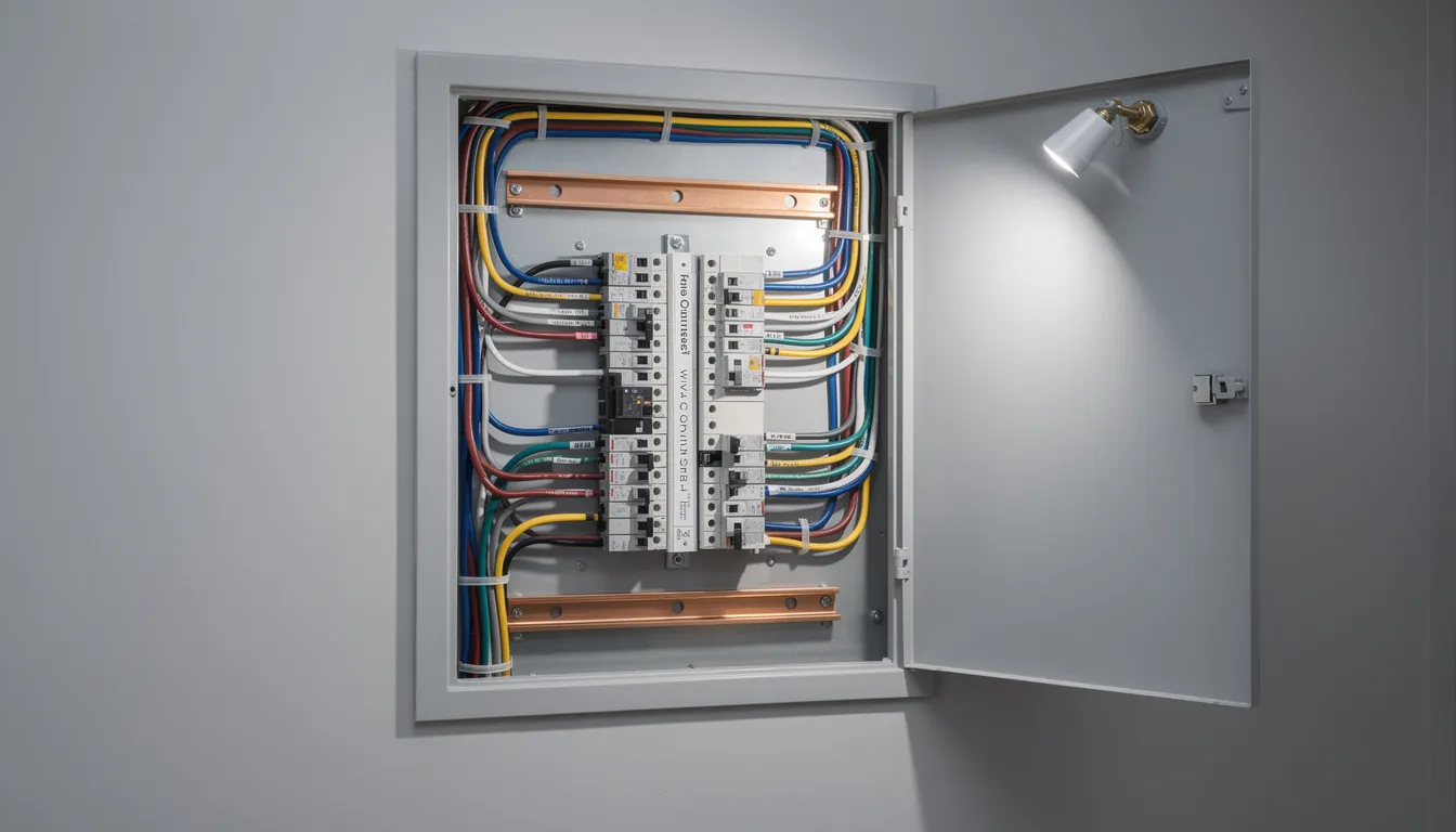 The image depicts a modern electrical panel installation showcasing clean and professional workmanship, with clearly labeled circuit breakers that ensure safety and compliance for the home's electrical system. This installation highlights the expertise of a licensed electrician, emphasizing the importance of reliable electrical services to prevent potential dangers associated with faulty wiring.