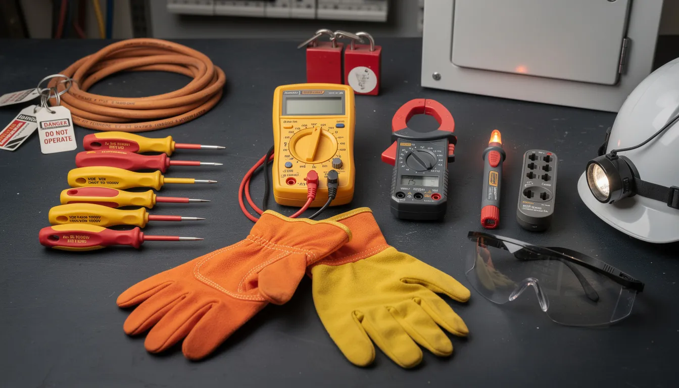 The image shows a collection of electrical safety equipment and testing tools used by professional electricians, including circuit breakers, fuses, and various testing devices. This equipment is essential for ensuring safety and efficiency in electrical work, particularly when addressing concerns related to older panels and electrical systems in homes.