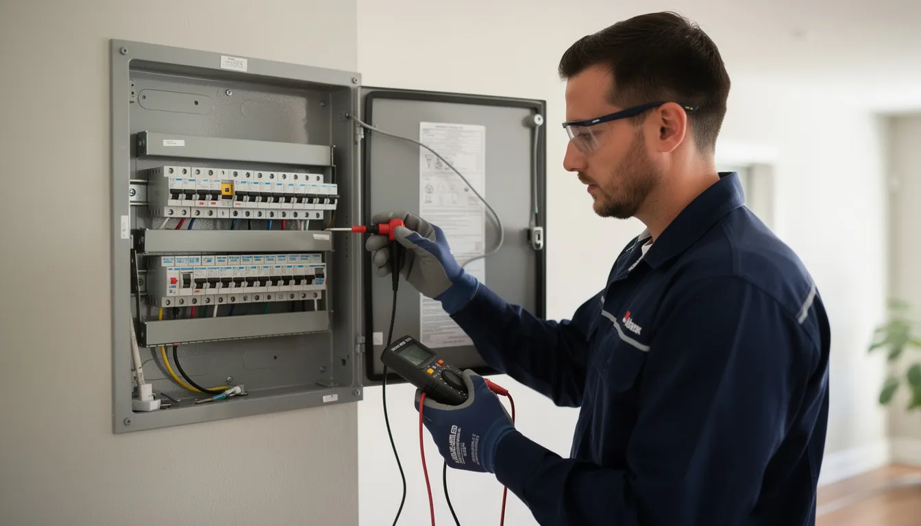 An electrician is seen testing an electrical panel, ensuring the safety and functionality of the home’s electrical system. This inspection highlights the importance of upgrading your electrical panel to meet modern electrical demands and enhance safety features, ultimately contributing to increased home value. An electrician is seen testing an electrical panel, ensuring the safety and functionality of the home's electrical system. This inspection highlights the importance of upgrading your electrical panel to meet modern electrical demands and enhance safety features, ultimately contributing to increased home value.