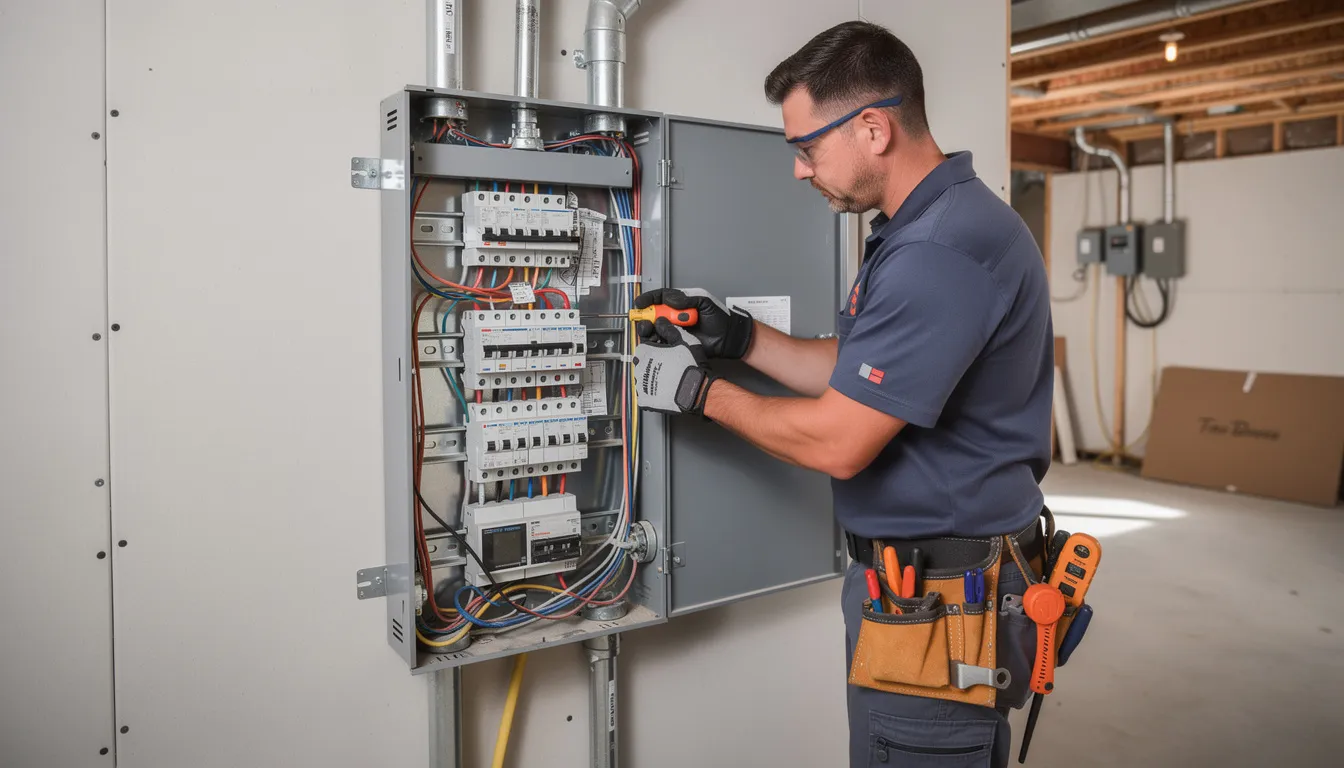 A professional electrician is installing a new electrical panel, also known as a breaker box, in a residential setting. This modern circuit breaker panel is designed to enhance the home's electrical system, ensuring safety and reliability for current and future electrical loads.