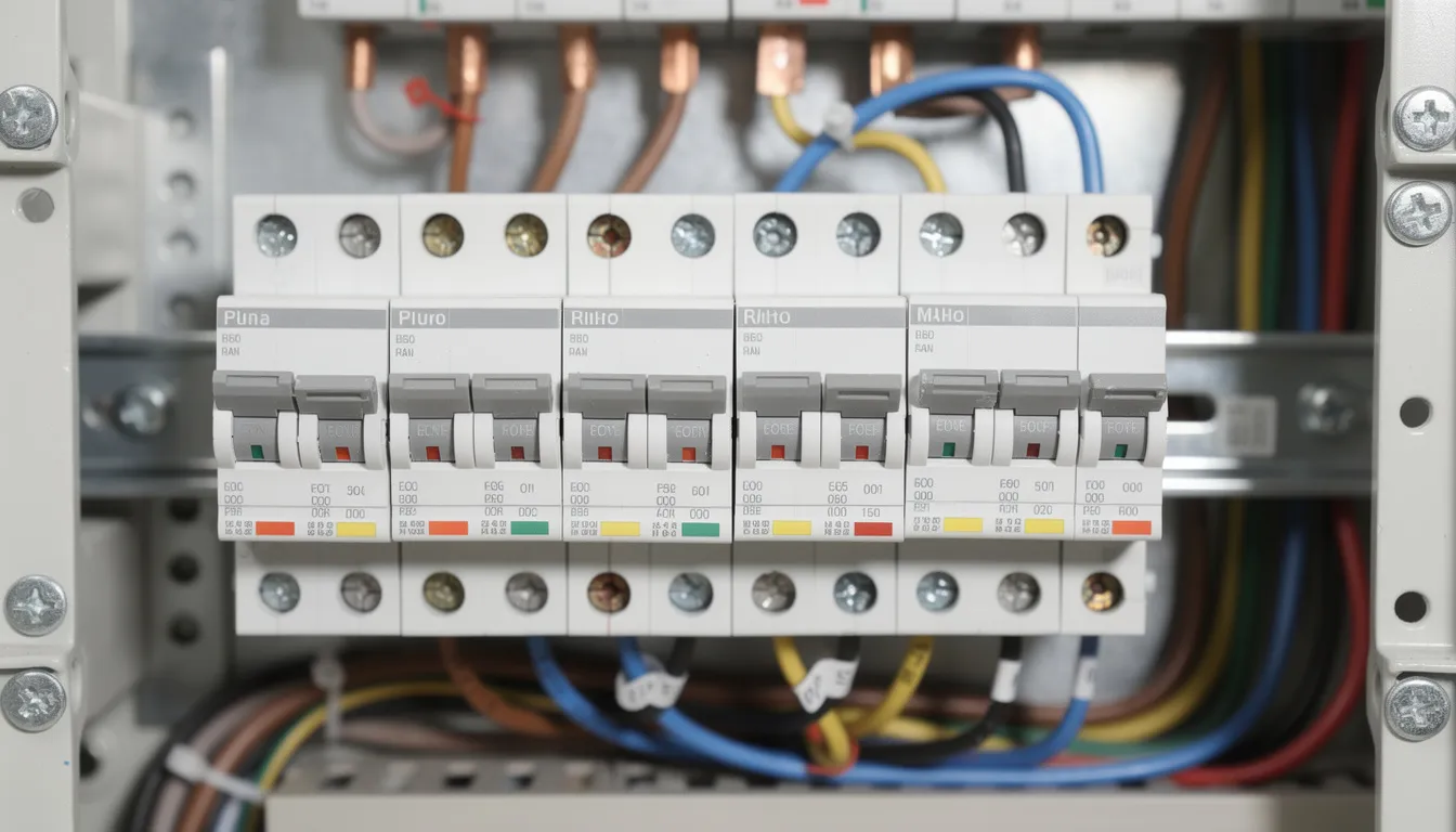 A close-up view of circuit breakers neatly arranged in two rows within an open electrical panel, showcasing their positions and connections as part of the home's electrical system. This breaker panel is a common location where electricity flows to various appliances and lights throughout the house.