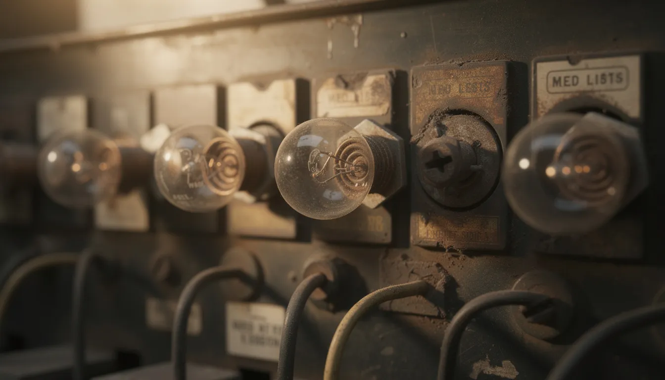 The image shows a close-up view of round glass Edison fuses installed in an older electrical panel, highlighting the traditional fuse box setup commonly found in older homes. These fuses are essential for protecting the electrical system from overloads and ensuring safe operation of devices within the home.