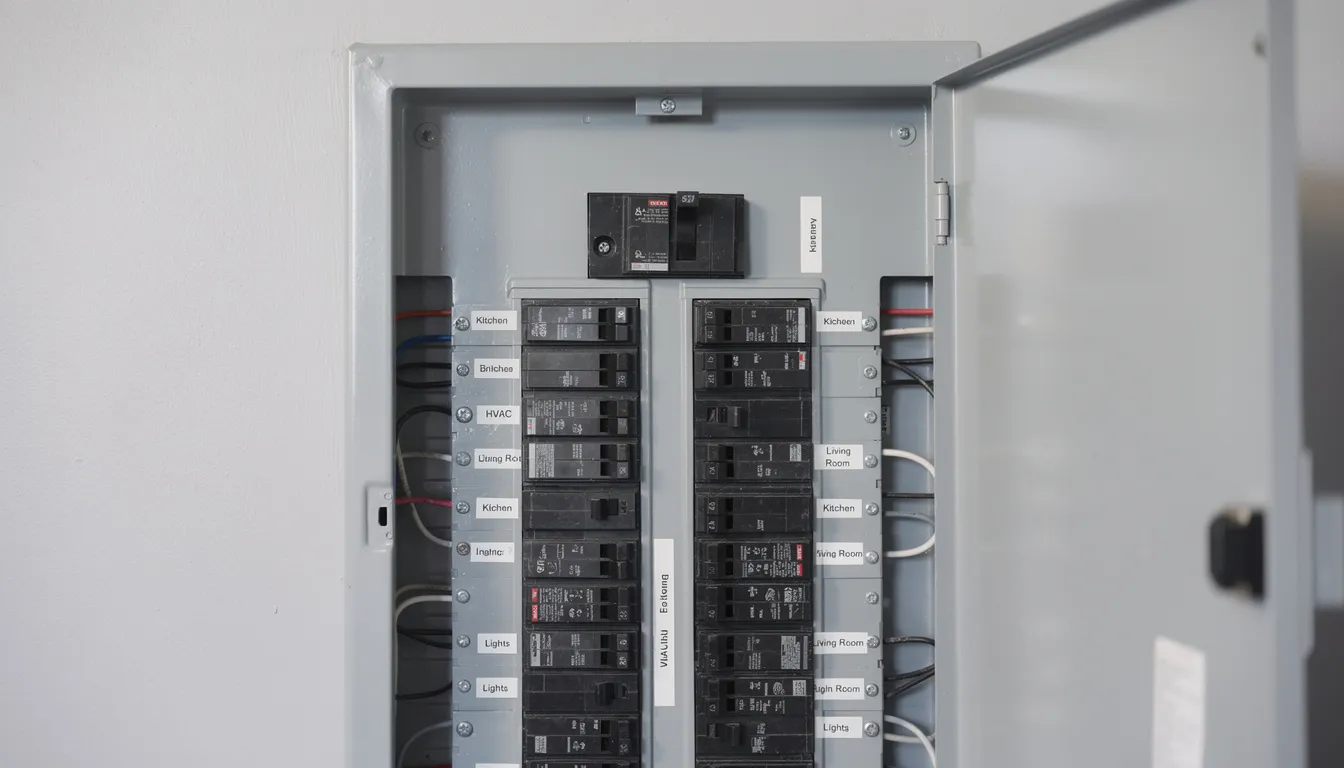 The image depicts a modern electrical breaker panel housed in a metal enclosure, featuring rows of clearly labeled circuit breaker switches. This breaker box serves as a critical component of a home's electrical system, allowing for easy management and restoration of power in the event of electrical overloads or tripped breakers.