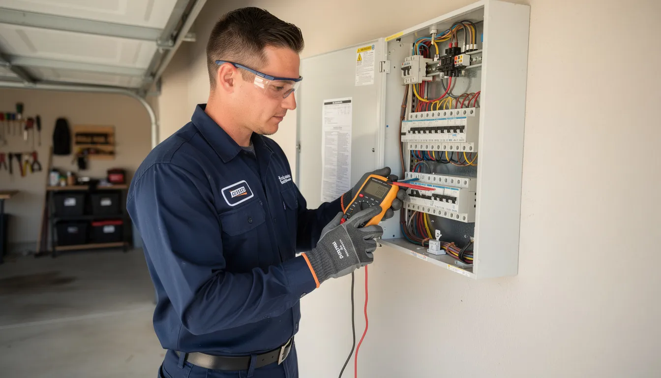 A professional electrician in a work uniform is carefully inspecting a residential electrical panel in a home garage, ensuring the wiring is secure and functioning properly. This thorough assessment reflects their dedication to providing reliable electrical repairs and installations for homeowners in Rancho Santa Margarita, CA.