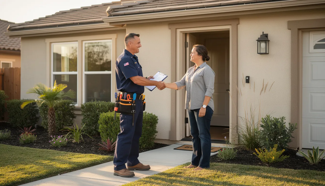A professional electrician in uniform is shaking hands with a homeowner at the front door of a residential home in Rancho Santa Margarita, CA, symbolizing a successful partnership for an upcoming electrical project. This moment reflects the electrician's commitment to providing reliable electrical services that meet the homeowner's needs efficiently.