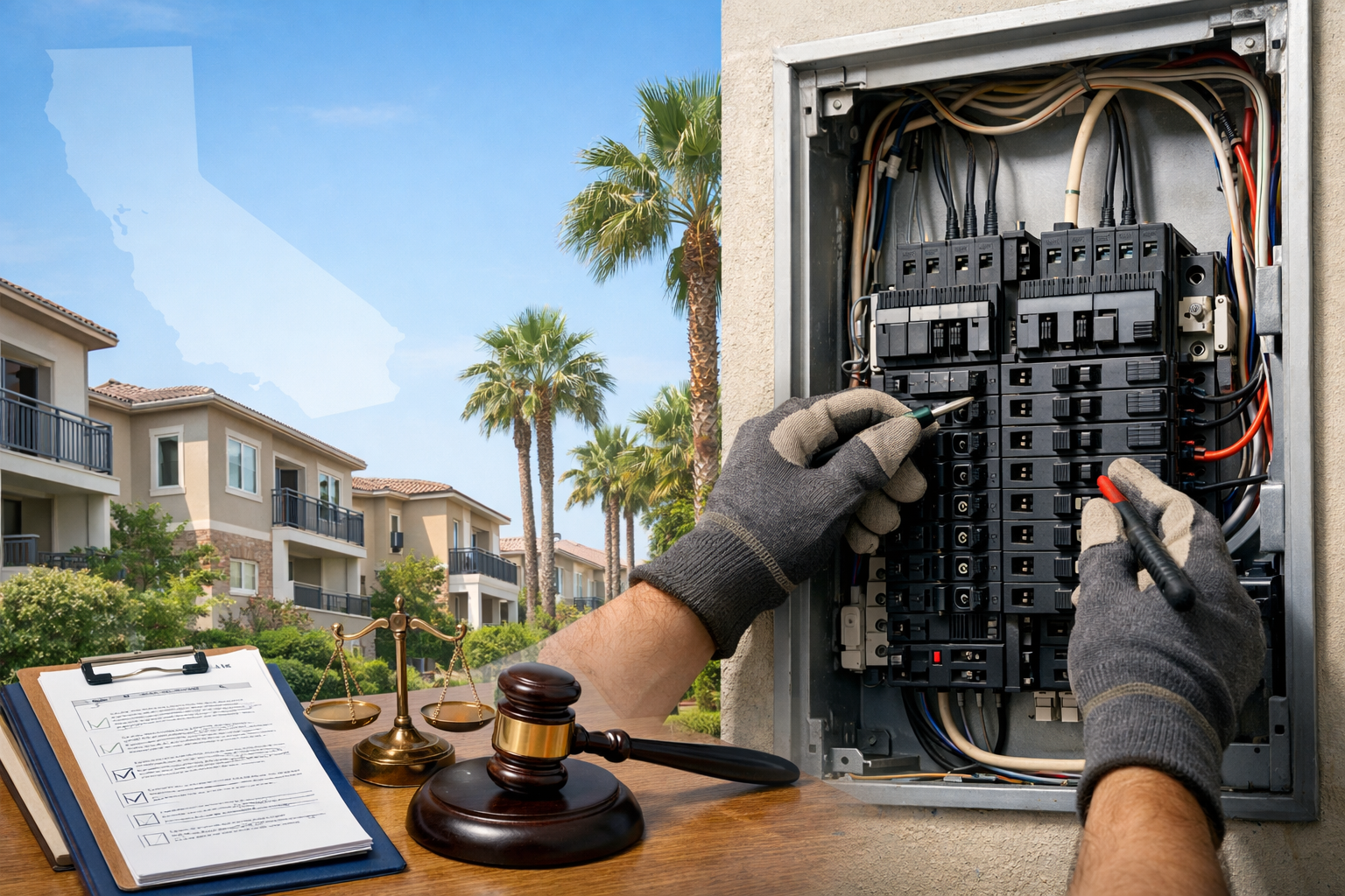 Licensed electrician inspecting an electrical panel at a California HOA community, with legal compliance documents, a gavel, scales of justice, and a California state outline representing SB 382 seller disclosure requirements