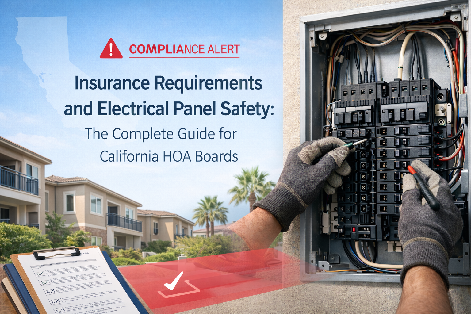 Electrician wearing work gloves inspects an open residential electrical breaker panel while a compliance checklist and clipboard sit on the table beside him, with a California HOA community visible in the background — representing insurance requirements and electrical panel safety for HOA boards.
