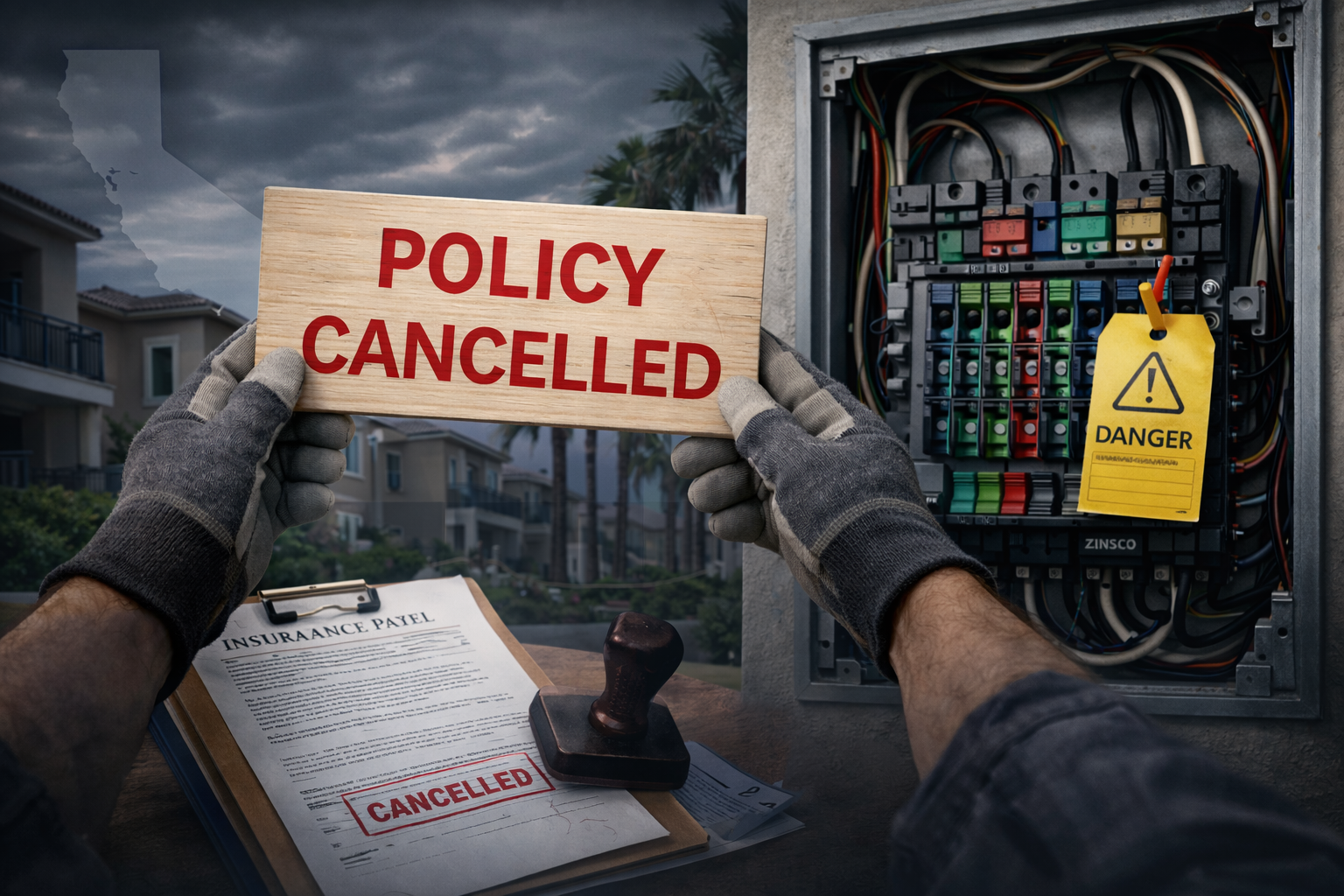 Gloved hands hold a "Policy Cancelled" sign next to an open Zinsco electrical panel tagged with a danger warning, with a cancelled insurance document and rubber stamp on the table and a California HOA community under stormy skies in the background — illustrating how outdated electrical panels are causing insurance cancellations for HOA communities.