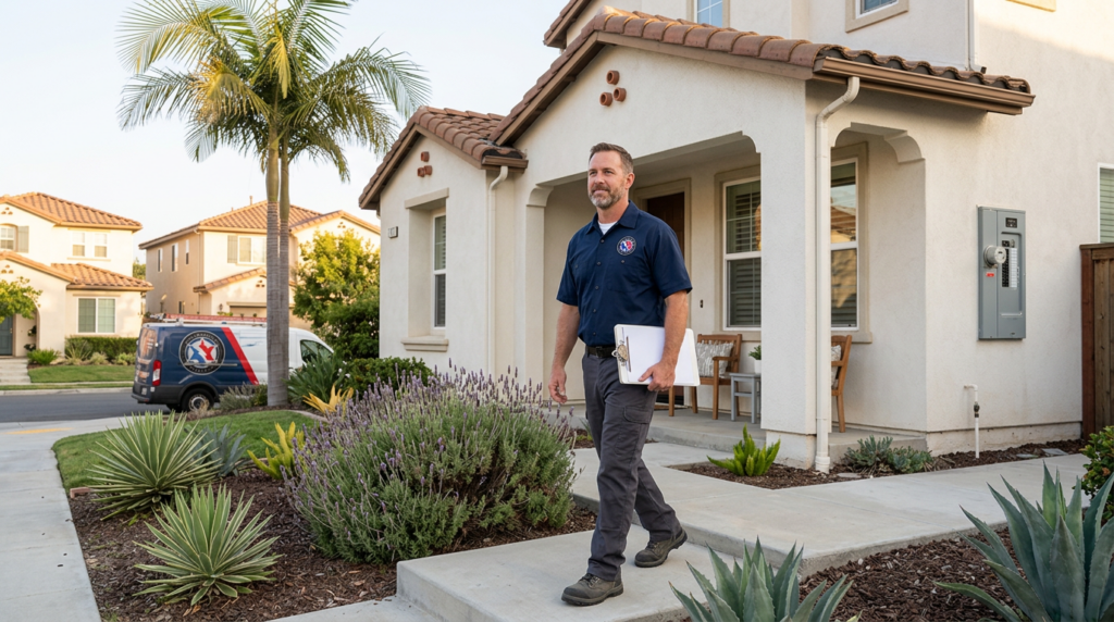 California suburban home exterior with a uniformed electrician in branded navy shirt 399723