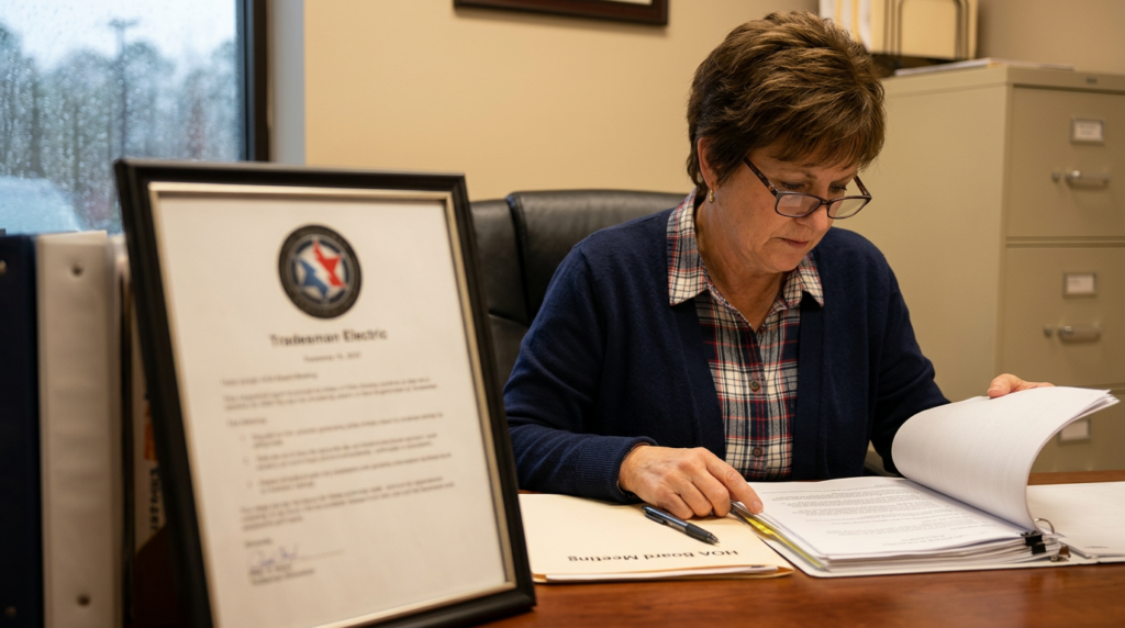 HOA board member reviewing documents at a desk, framed Tradesman Electric branded ins 399723