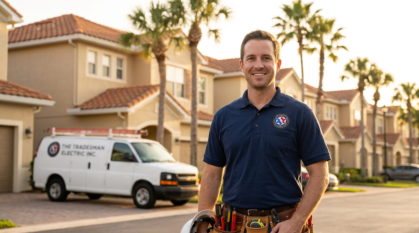 Licensed electrician in a branded work shirt with logo on chest standing in front of 399723