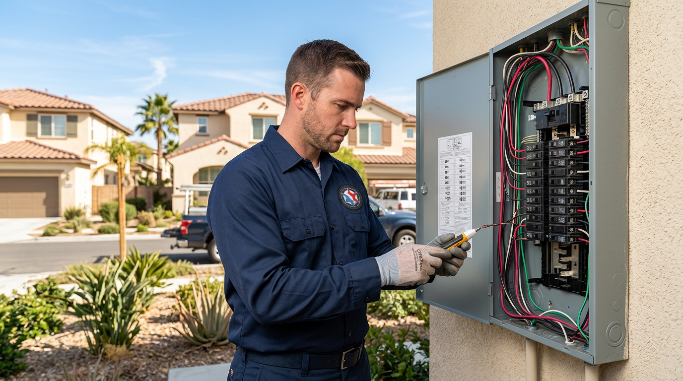 Professional electrician in a branded navy work uniform with a company logo on the le 399723 Professional electrician in a branded navy work uniform with a company logo on the le 399723