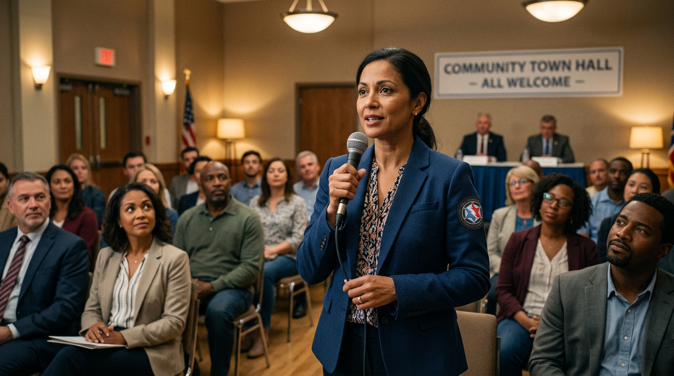 A homeowner standing and asking a question at a community town hall meeting, micropho 143800