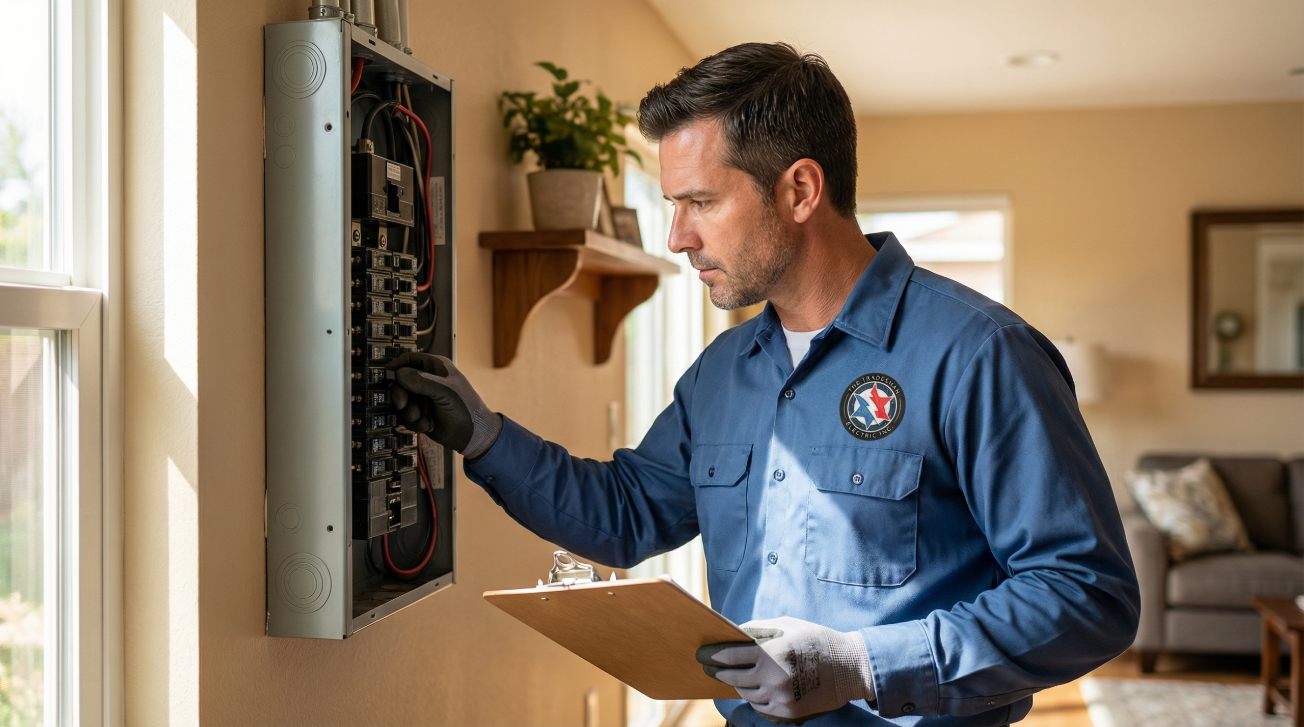 A licensed electrician in a blue work shirt and gloves inspects a 639804