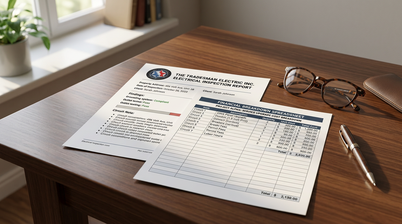 Clean desktop scene with a printed inspection report, a financial breakdown spreadshe 143800
